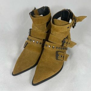 Zara Suede Studded Buckle Pointed Toe Cutout Ankle Boot